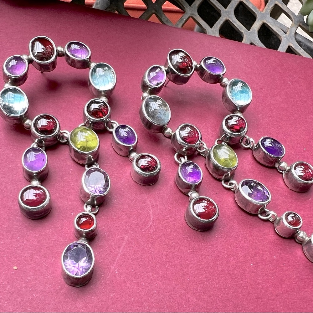 Peridot, Blue Tourmaline, Amethyst, Garnet, Rose Quartz in 925 silver earrings.
